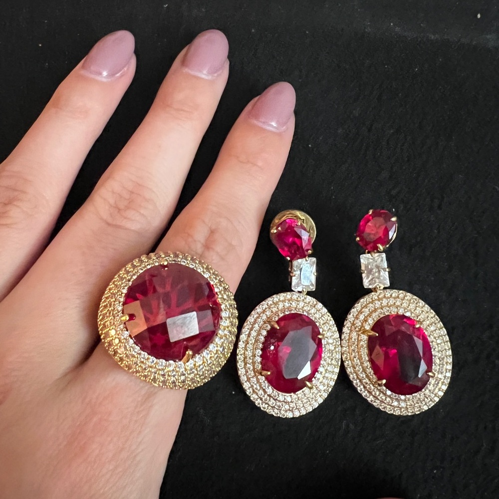 Set of earrings and ring - Zirconia and Garnet Stone. - Picture 4 of 6